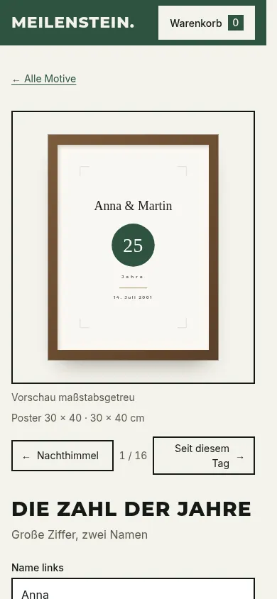 Produktseite Meilenstein auf dem Handy mit maßstabsgetreuer Vorschau